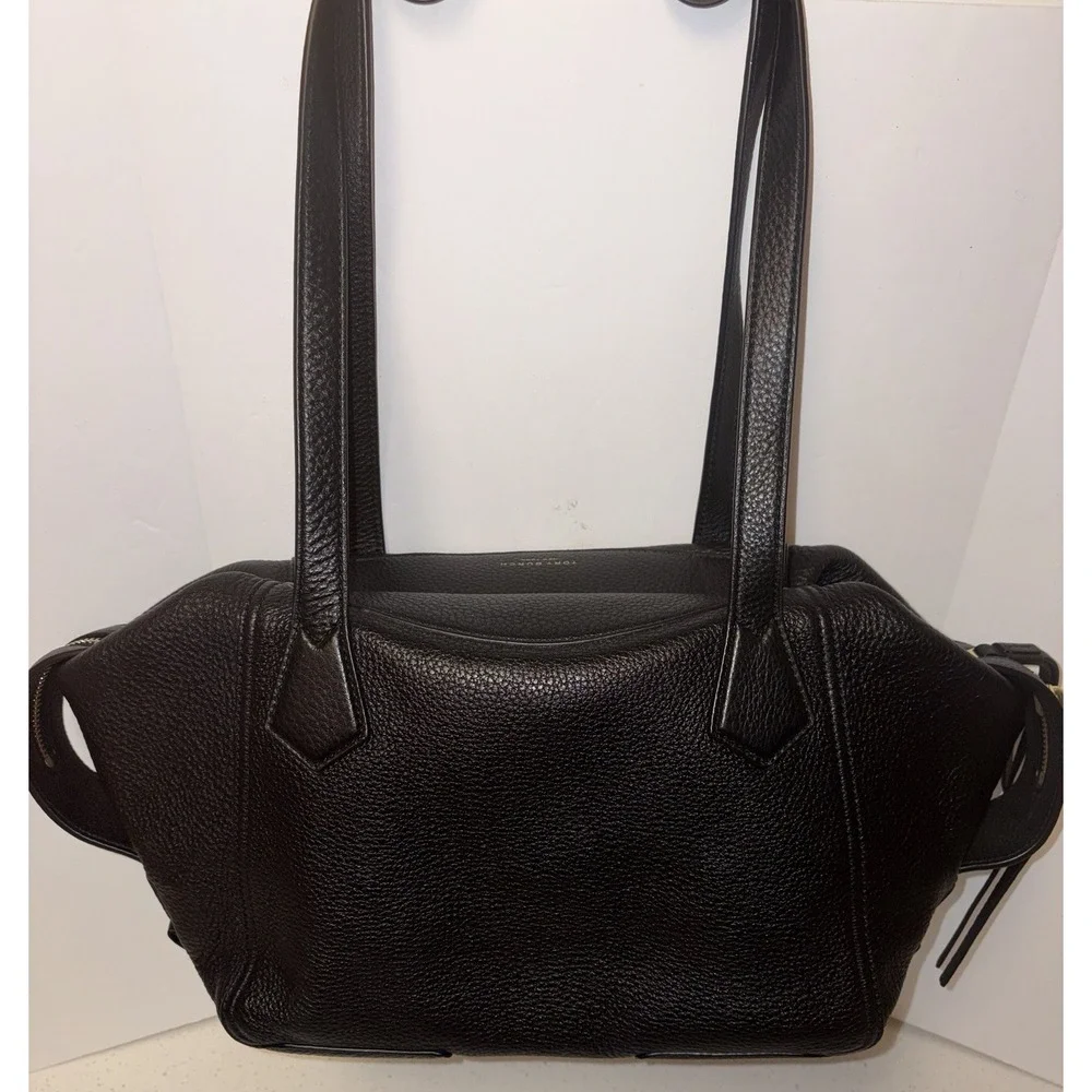 Tory Burch Black Pebbled Leather Large Zip Tote Shoulder Bag Gold Hardware